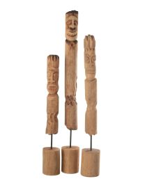 Set Of 3 Figures On Stand Totem Wood Natural