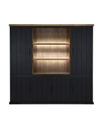 Display Case With Open Compartment And Led Lighting, Black Finish.