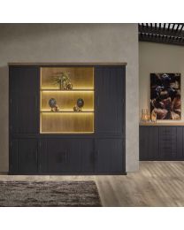 Display Case With Open Compartment And Led Lighting, Black Finish.