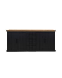 Schwarzes Sideboard Mit Einer Ablage Aus Natürlichem Teakholz.