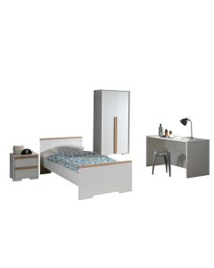London Jugendzimmer Set 4-tlg. Best. Aus: Einzelbett Lf 90 X 200 Cm, Nachtkonsole Mit 2 Schubladen, Kleiderschrank 2-trg., Schreibtisch, Ausf. Dekor Weiß, Absatz Buche Natur Massiv